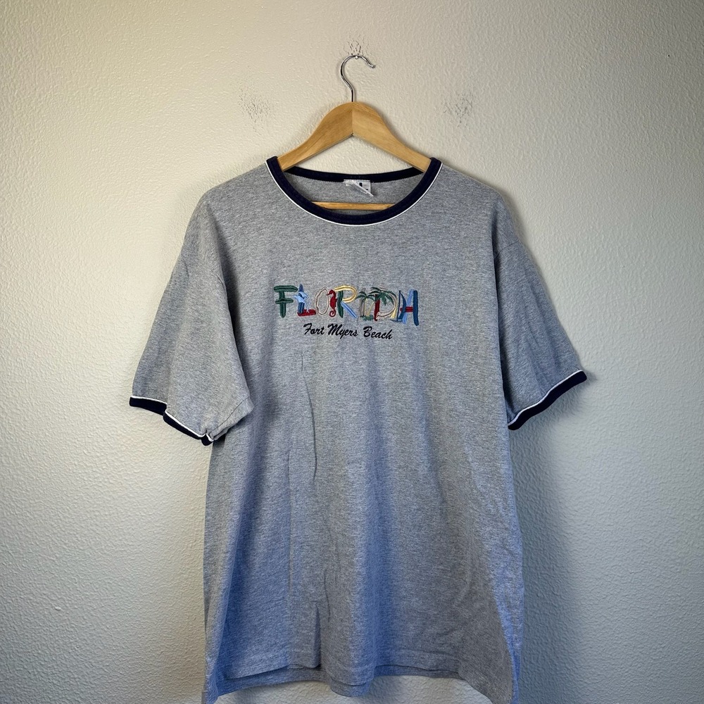 Y2K Florida Embroidered T-Shirt Mens Small Gray Excellent Short Sleeve Ringer